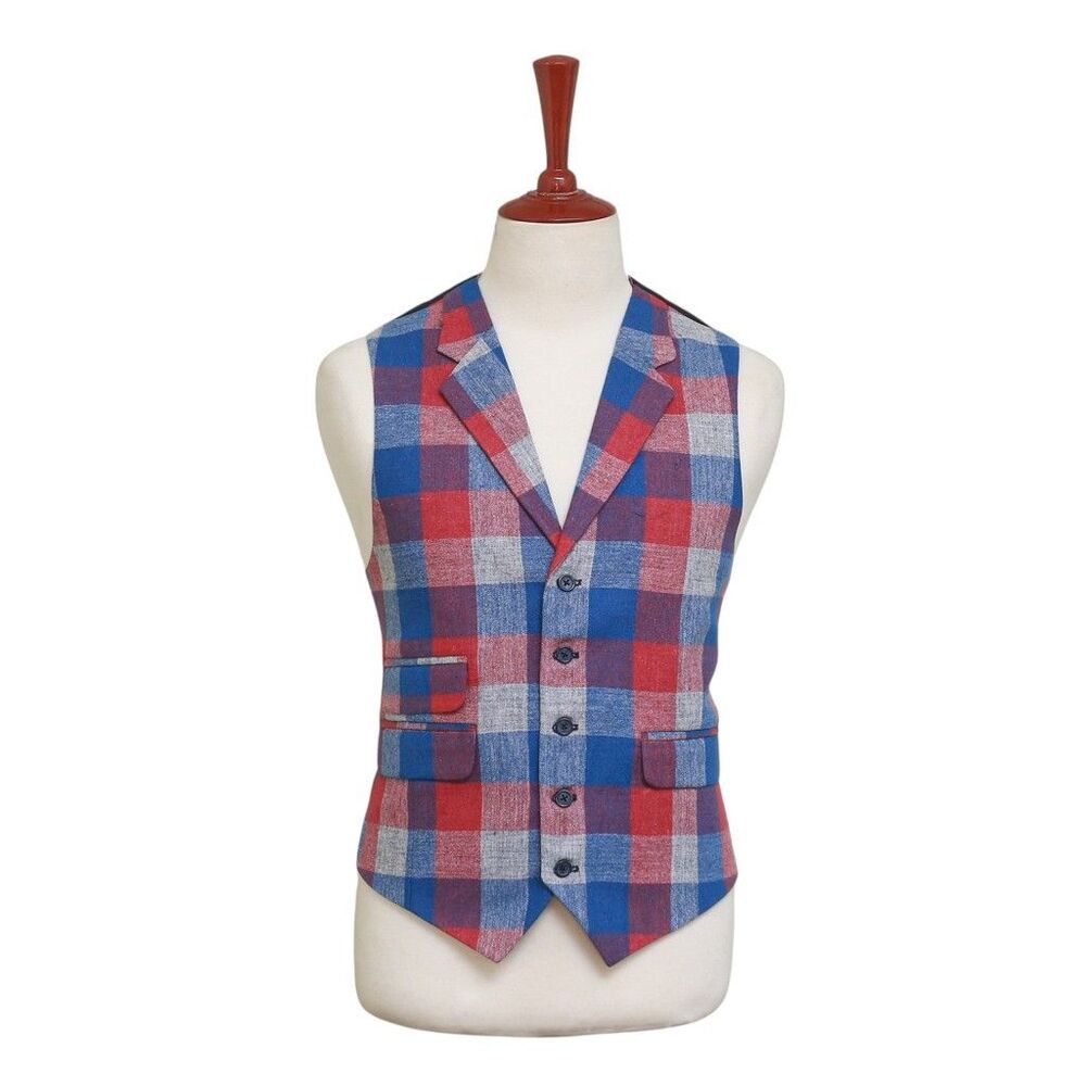 Mens Vest 44R Plaid Blue Red Gray Wool Lapel Waistcoat Formal Wedding Party